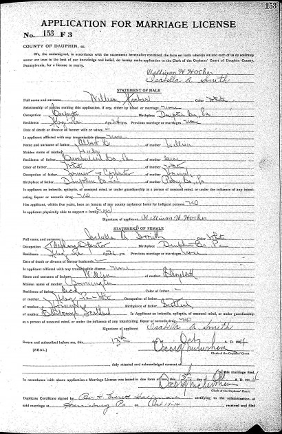 Marriage Record-William Hocker and Isabella Smith