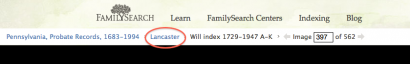 Breadcrumb link for Lancaster County probate records