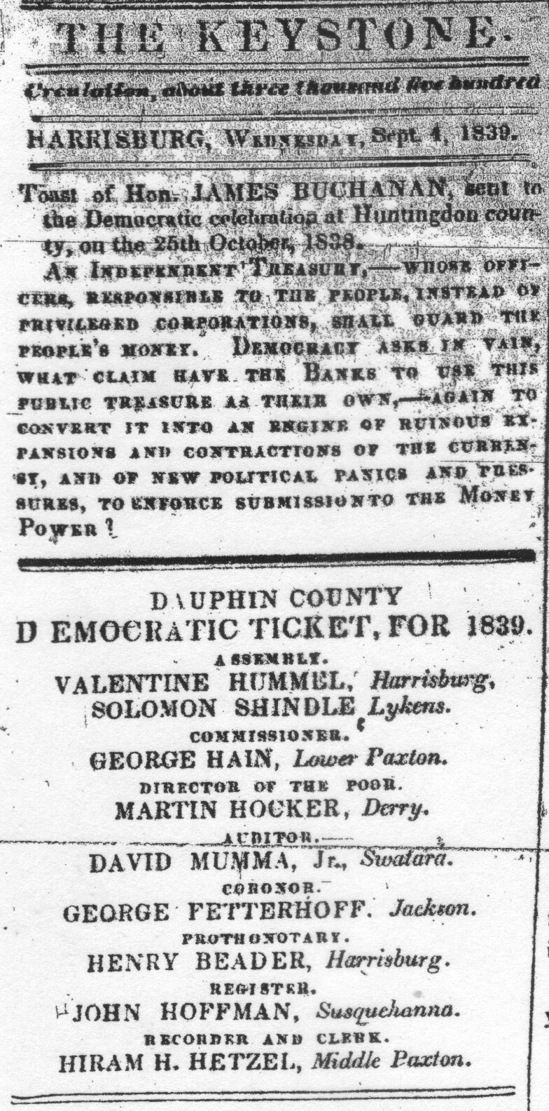 1839 Dauphin County Democratic Ticket