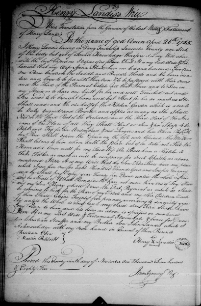 Will of Henry Landis of Derry Township