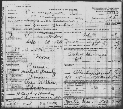 Anna Frantz Hocker death certificate 1828-1918