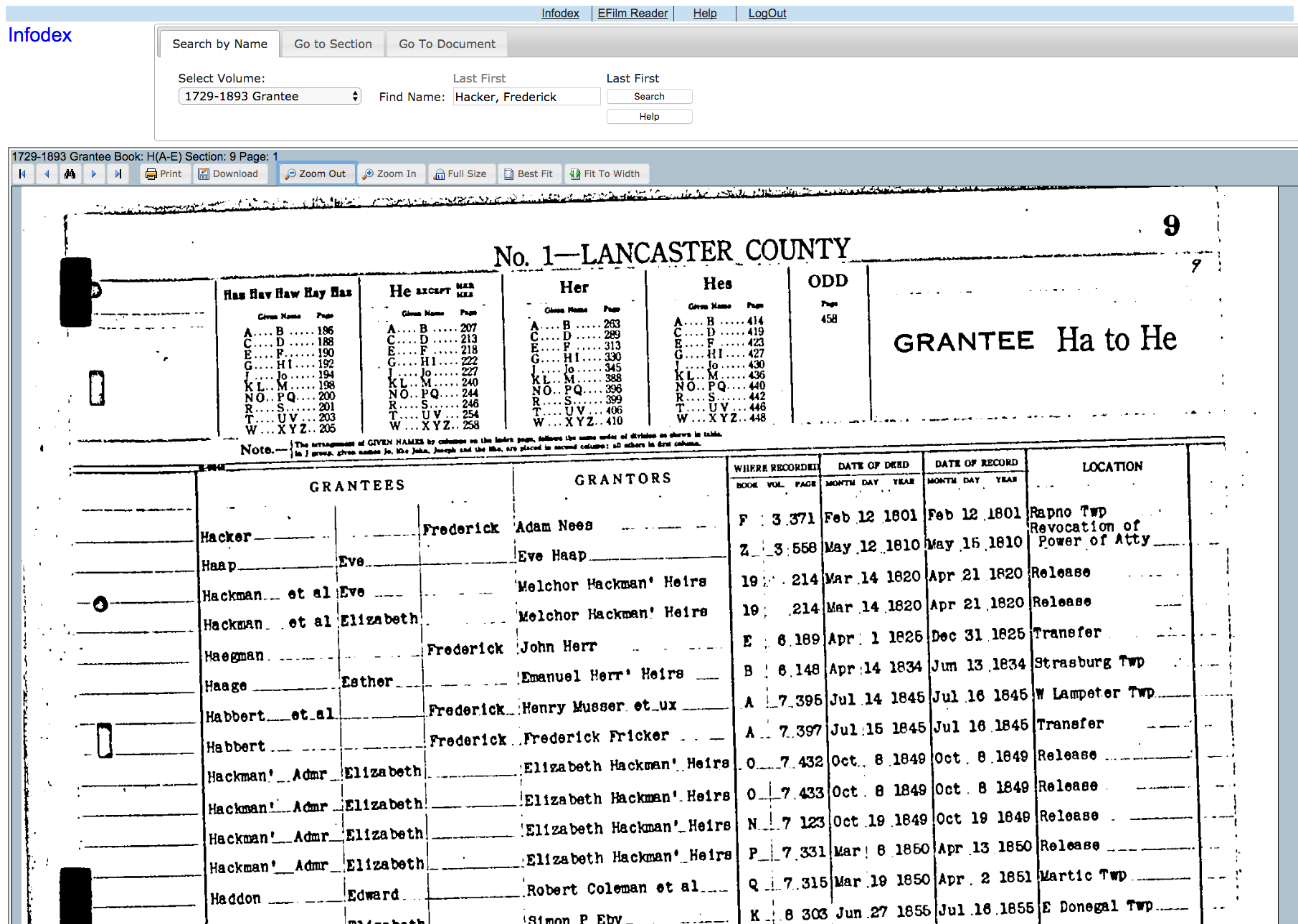 Lancaster County Online E-film reader index search