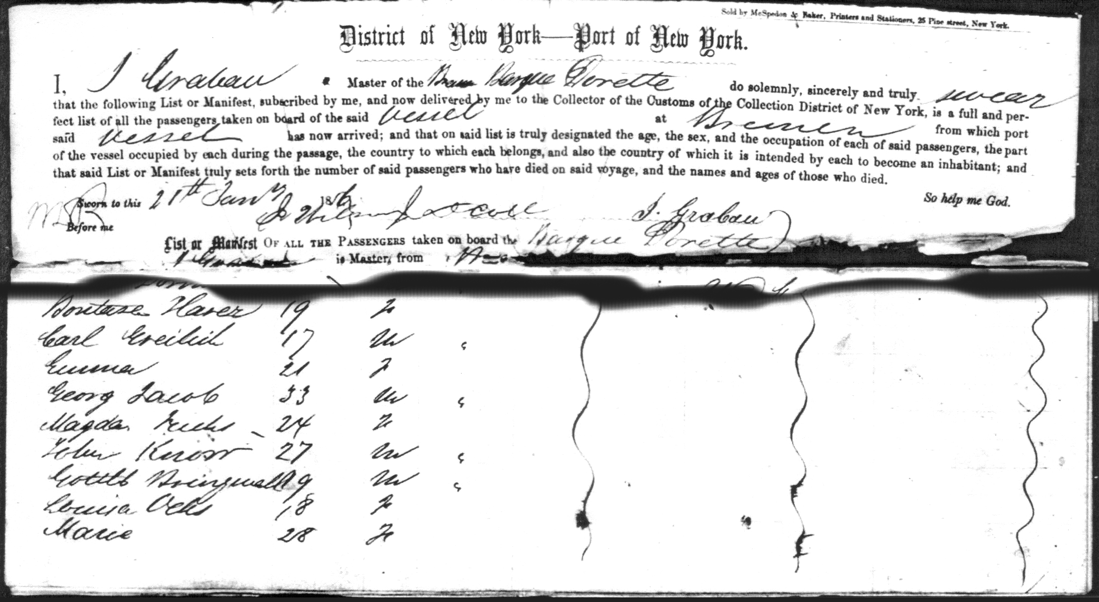 1856 Passenger list for the barque Dorette
