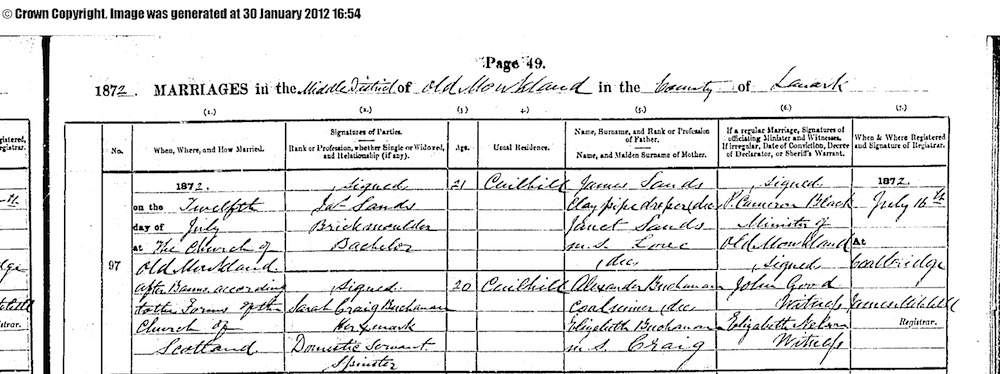 1872 marriage Sarah Craig Buchanan