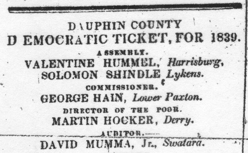 1839 Democratic Ticket for Dauphin County
