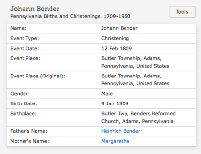 1809 baptismal record for Johannes Bender